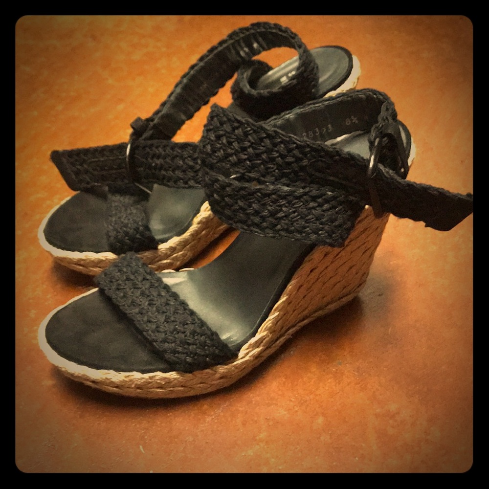 Stuart Weitzman black woven platform wedges